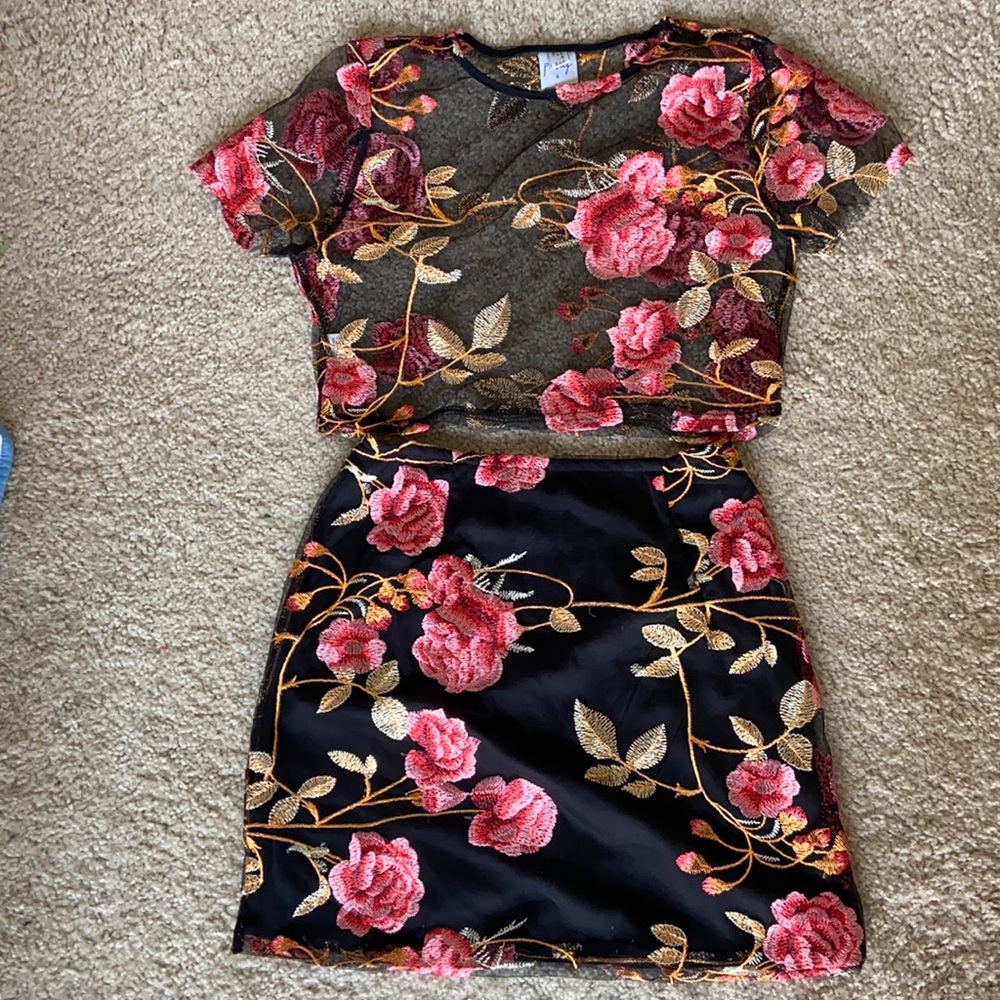 Princess polly embroidered skirt and mesh top set